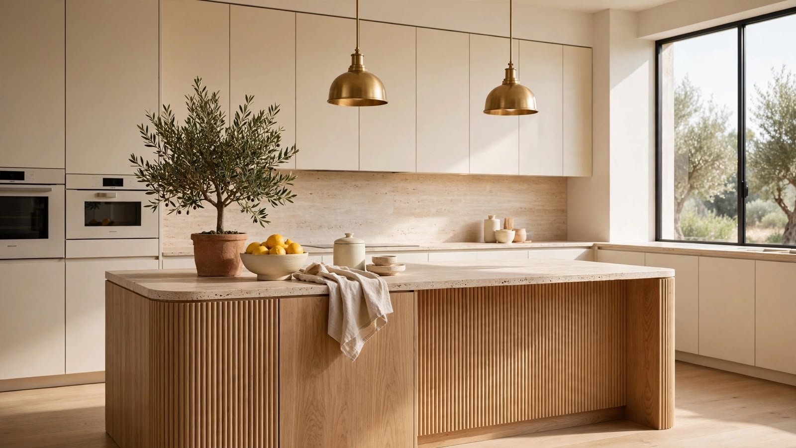 Fluted oak kitchen island with travertine backsplash, delivered by Golden Link